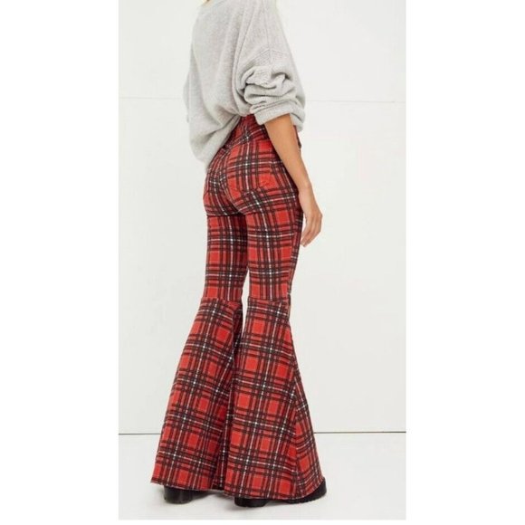 Free People Pants - Women's Free People Flare Bell Bottom Pants Red/Black Plaid Size 28 NWT